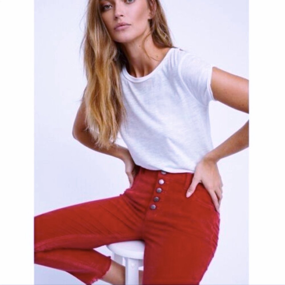 Women's FREE PEOPLE Reagan Red Corduroy Raw Hem Ankle Cropped Jeans Pants W 27